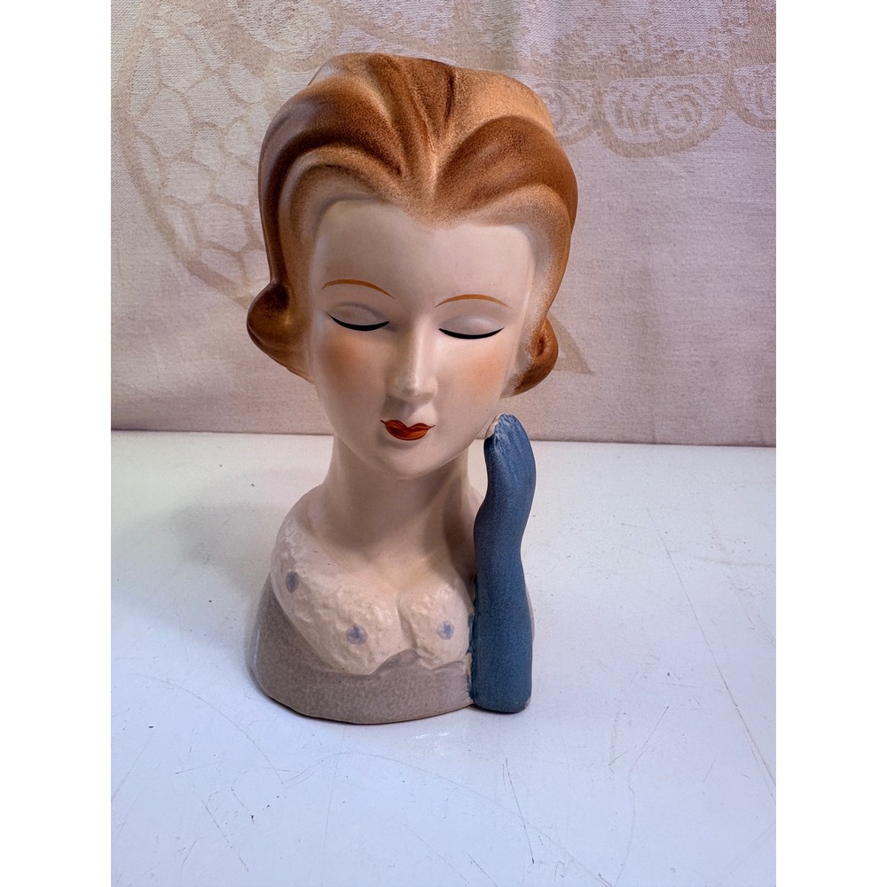 Vintage Mid Century Ceramic Lady Head Vase Gloved Hand Polka Dot Collar 1950s